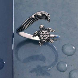 Sterling Silver or Bronze Sea Turtle & Wave Adjustable Ring: Bronze