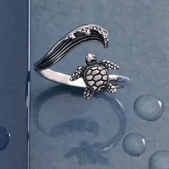 Sterling Silver or Bronze Sea Turtle & Wave Adjustable Ring: Sterling Silver