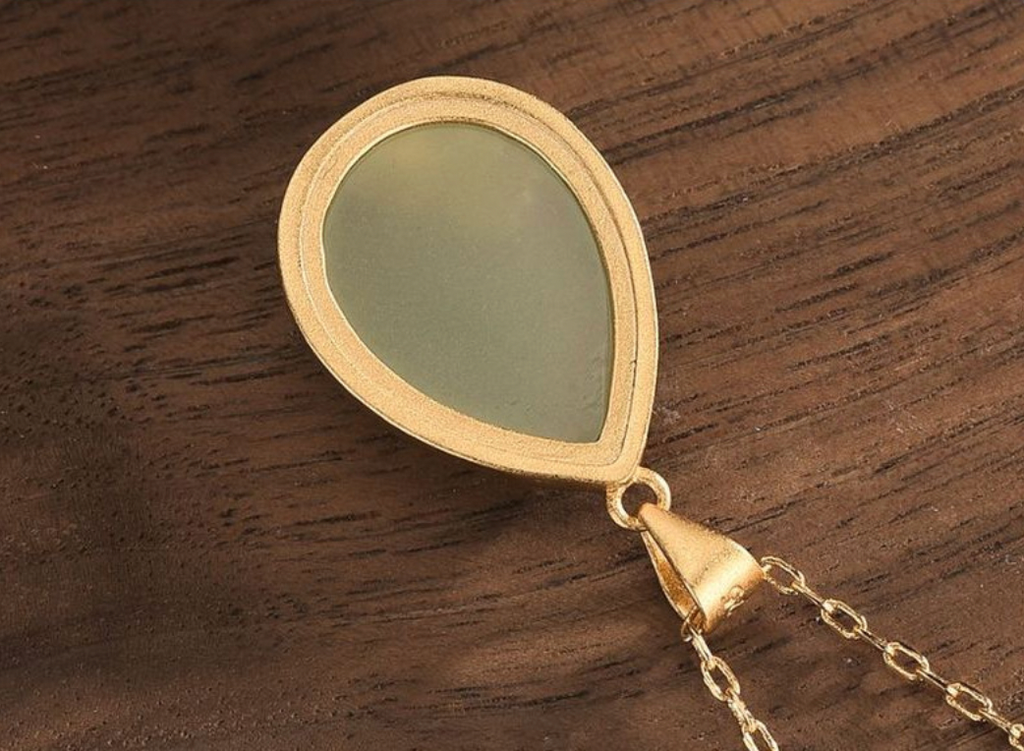 Golden  Lotus With Leaves  On Jade Necklace