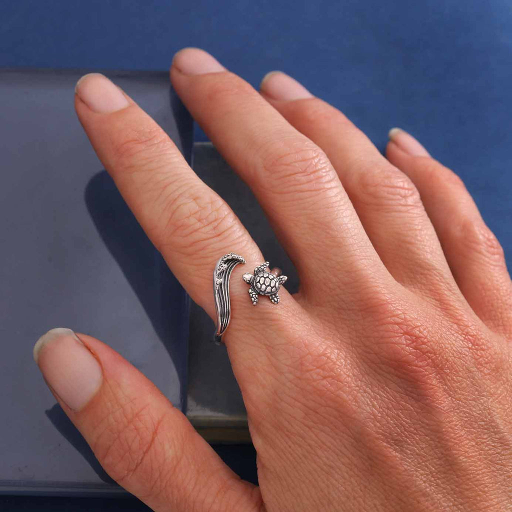 Sterling Silver or Bronze Sea Turtle & Wave Adjustable Ring: Sterling Silver