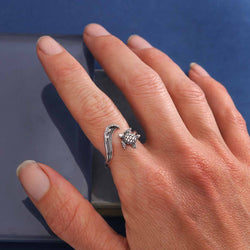 Sterling Silver or Bronze Sea Turtle & Wave Adjustable Ring: Bronze