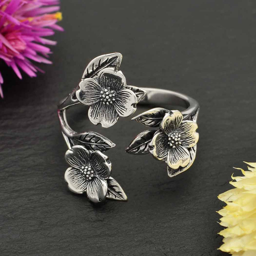 Adjustable Dogwood Flower and Leaf Ring: Bronze
