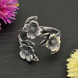 Adjustable Dogwood Flower and Leaf Ring: Bronze