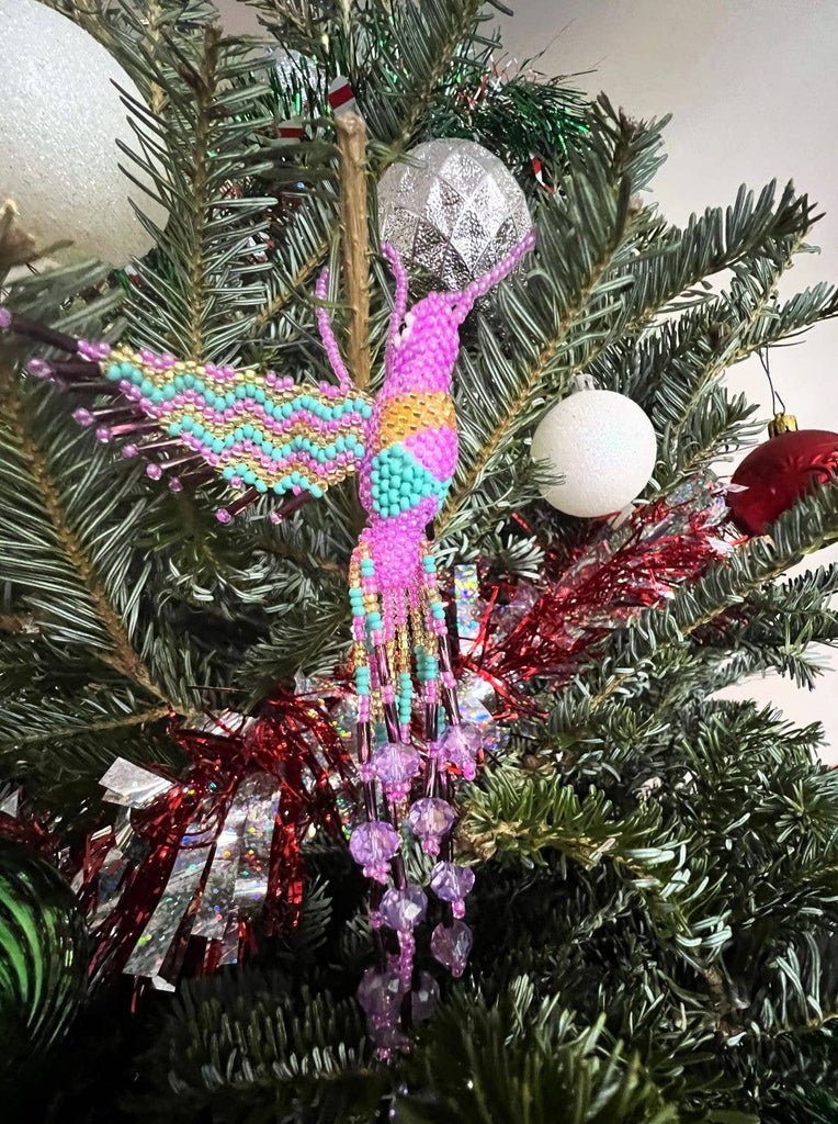 Beaded Hummingbird Figurine Seed Bead Fringe Dangle Ornament