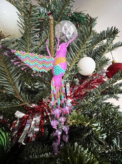 Beaded Hummingbird Figurine Seed Bead Fringe Dangle Ornament