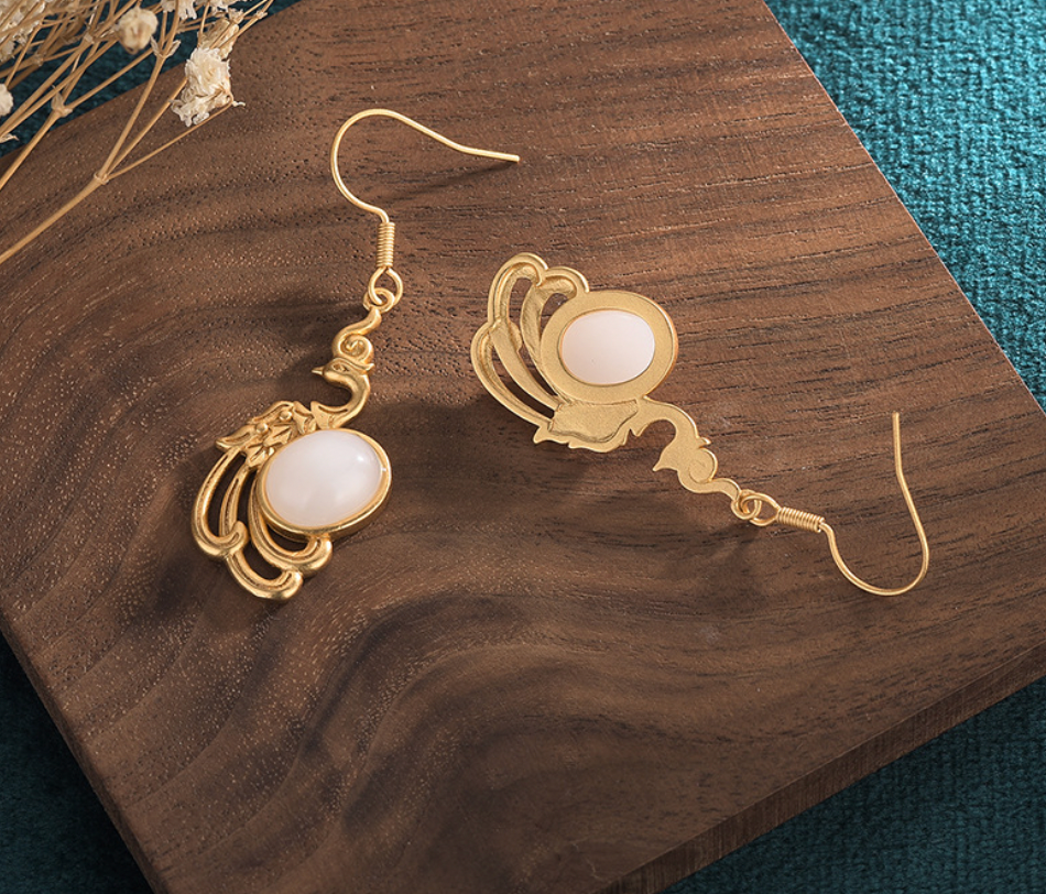 Golden Peacock Over Jade Earrings