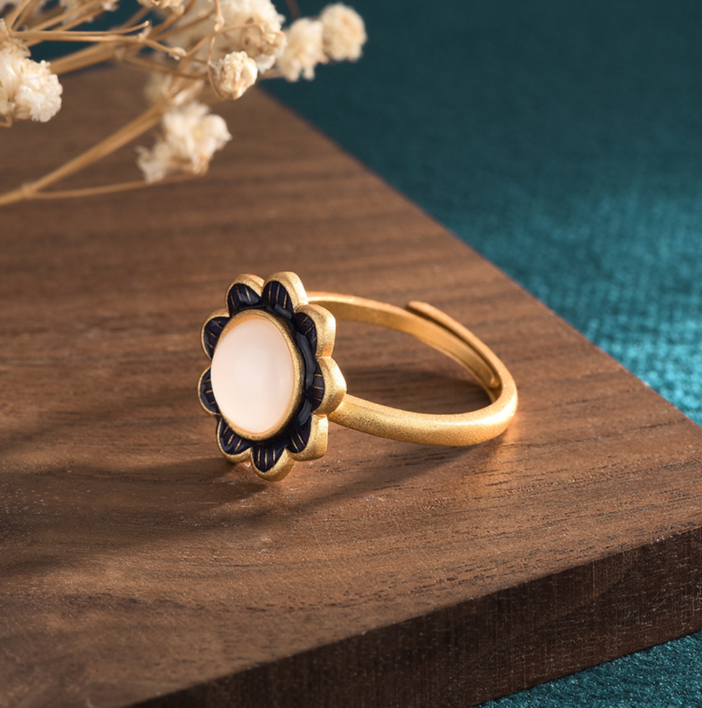 Jade Flower Asian Style Open Ring