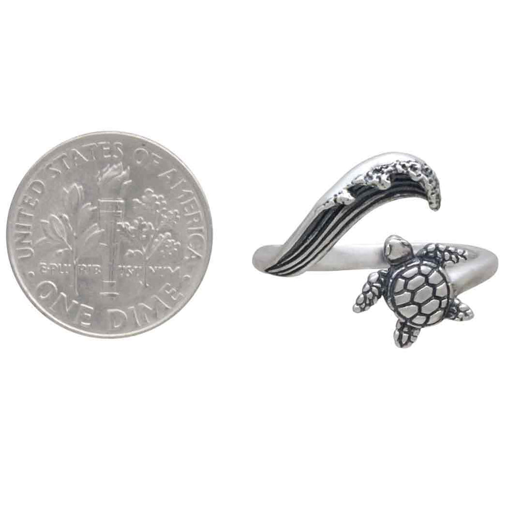 Sterling Silver or Bronze Sea Turtle & Wave Adjustable Ring: Bronze