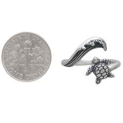 Sterling Silver or Bronze Sea Turtle & Wave Adjustable Ring: Bronze