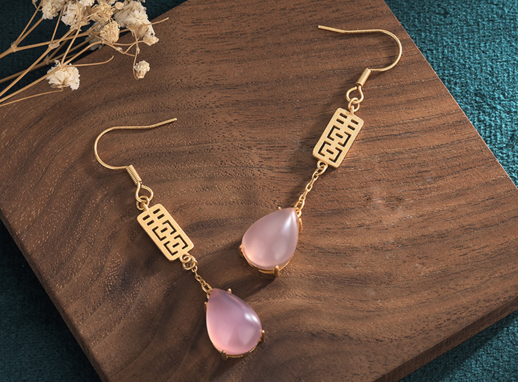 Pink Jade With Golden Happiness Earrings