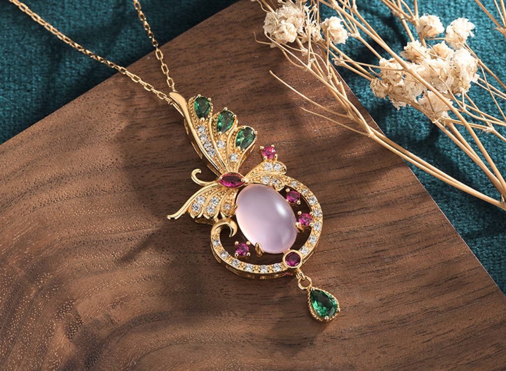 Crystal Butterfly Over Pink Jade Necklace