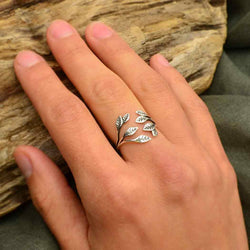Sterling Silver or Bronze Leaf Cluster Adjustable Ring: Sterling Silver