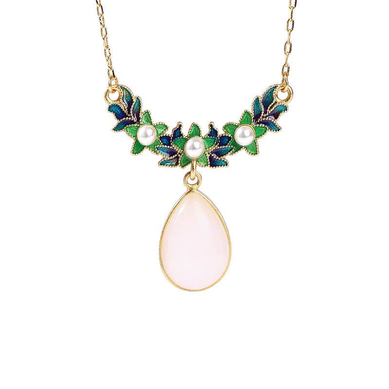 Green Enamel Leaves White Jade Necklace