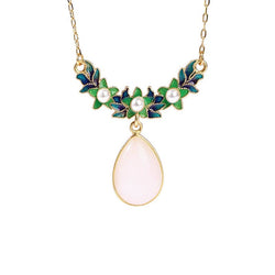 Green Enamel Leaves White Jade Necklace