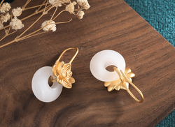 Big Golden Lotus over Jade Stud Earrings