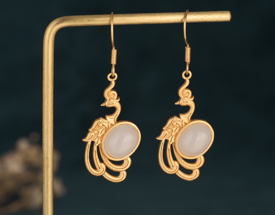 Golden Peacock Over Jade Earrings