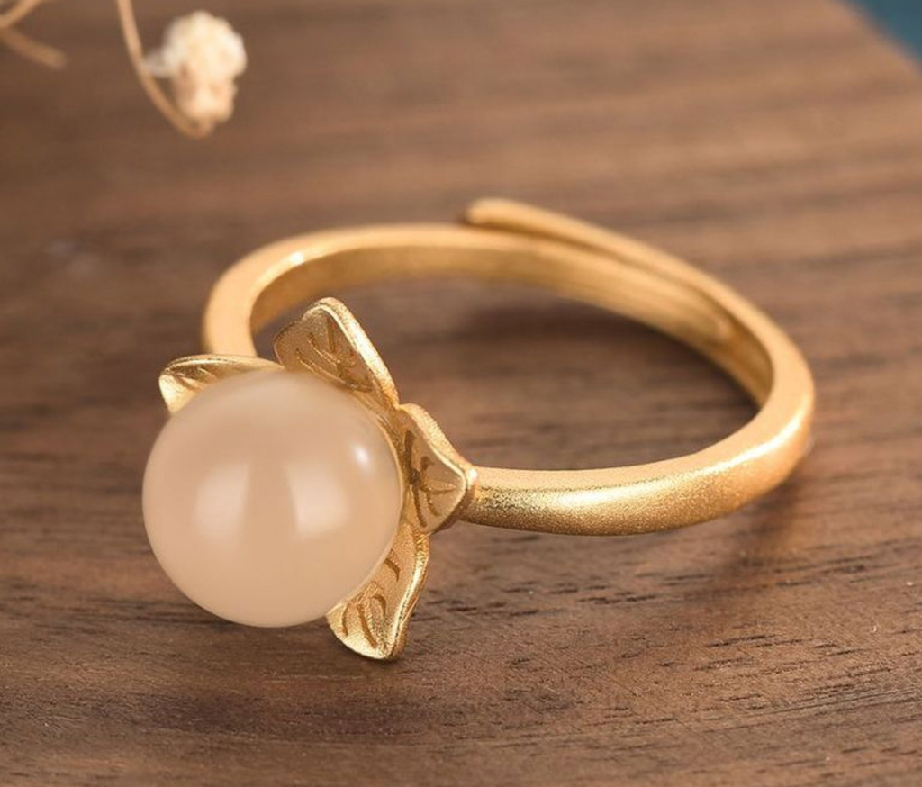 Jade Ball on Golden Flower Open Ring