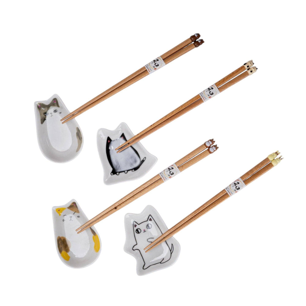4 Pair Cute Cats Wooden Chopsticks and Sauce Dish Gift Set (1/20)