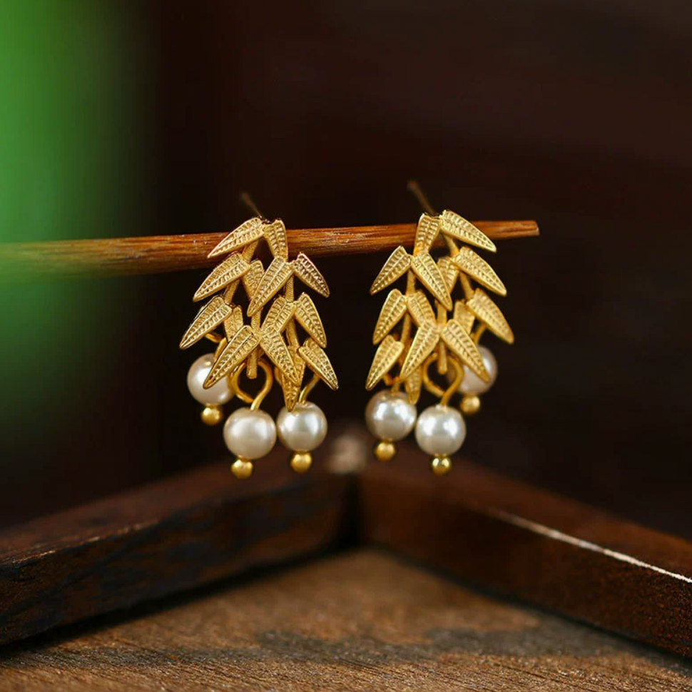 Gold Bamboos with Pearls Earrings