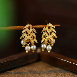 Gold Bamboos with Pearls Earrings