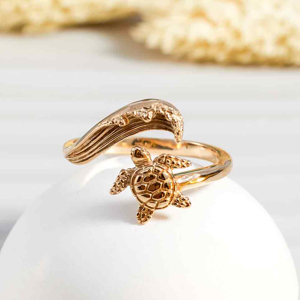 Sterling Silver or Bronze Sea Turtle & Wave Adjustable Ring: Sterling Silver