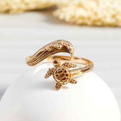 Sterling Silver or Bronze Sea Turtle & Wave Adjustable Ring: Bronze