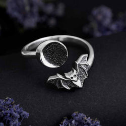 Sterling Silver or Bronze Adjustable Moon and Bat Ring: Bronze