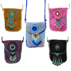 Suede Beaded Seed Bead Fringe Medicine Pouch Necklace Bag